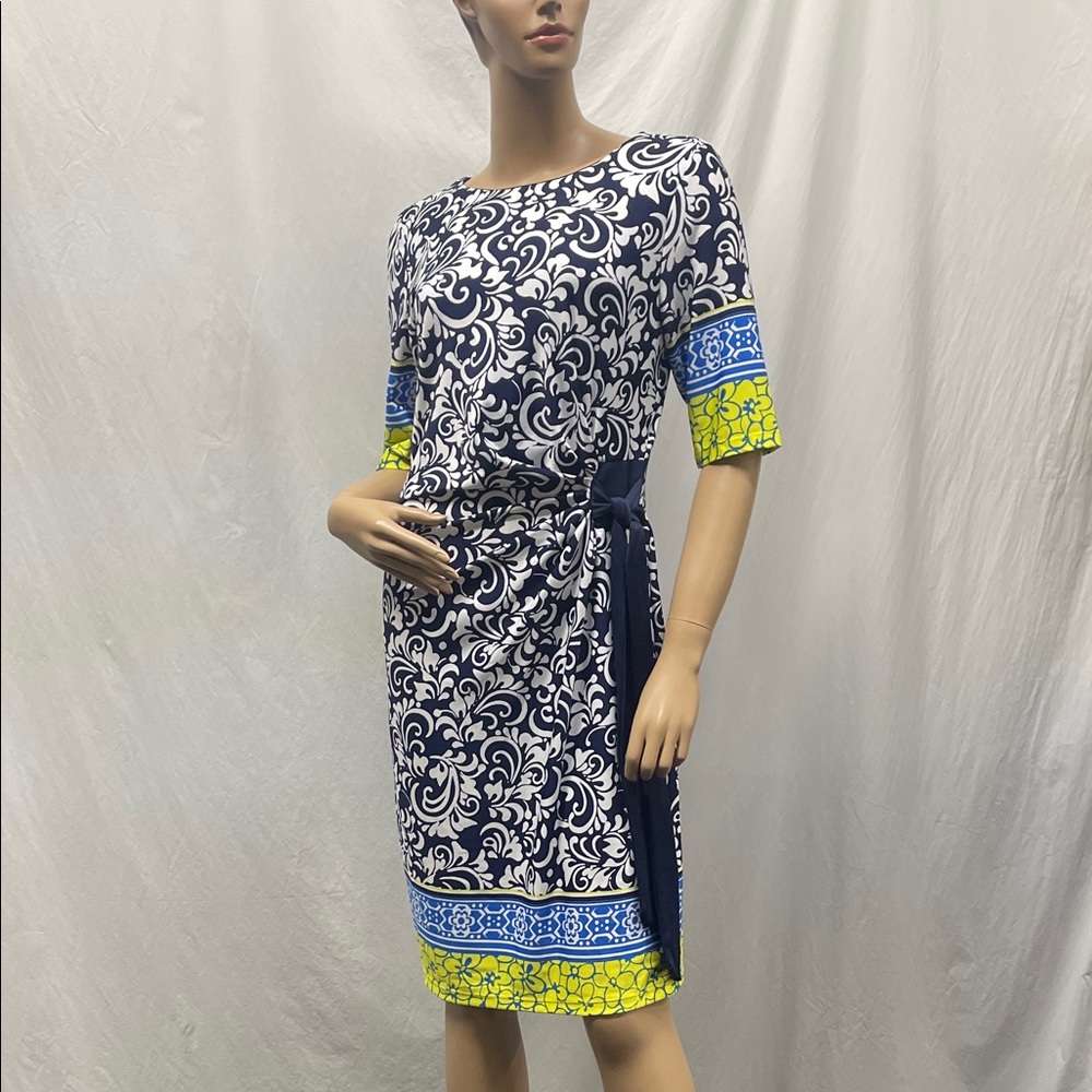 R&K Navy Blue & White Paisly Print and Color Patterned 3/4 Sleeve Midi Dress
